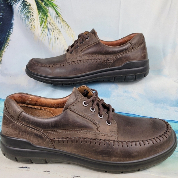 Ecco Brown Leather Casual Lace Up Sneaker Loafer Comfort...